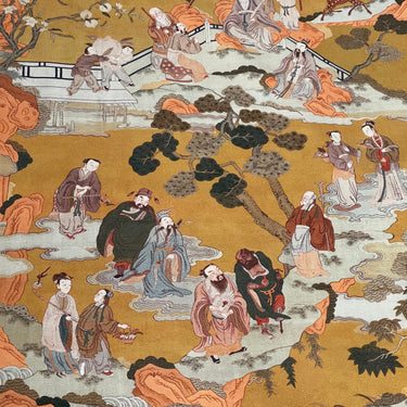 Oriental toile cotton fabric with mustard yellow background and Chinese figures